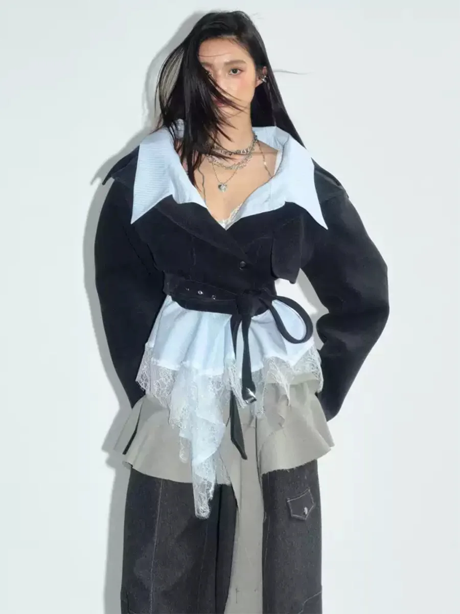 Jnylon studios | Off-Shoulder High-Waisted Faux Two-Piece Detachable Lace Cropped Jacket - 2