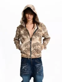 Fourth3ex | Distressed Eyelet Leopard Print Zip-Up Hoodie