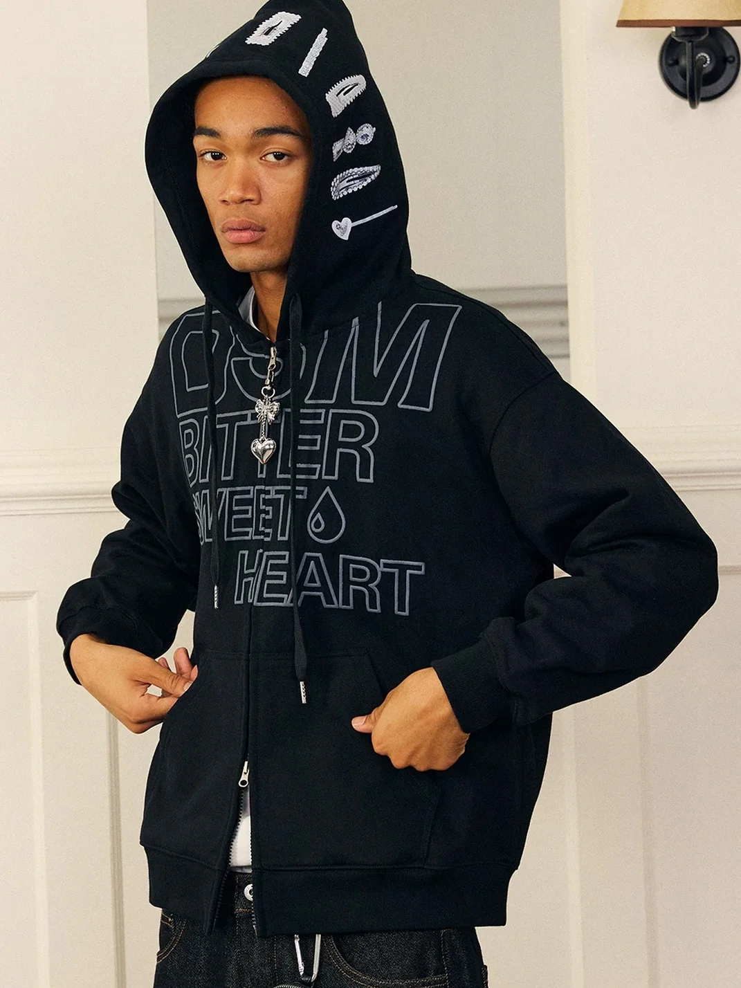 DONSMOKE | Drop Shoulder Hair Clip Print Zip-Up Hoodie