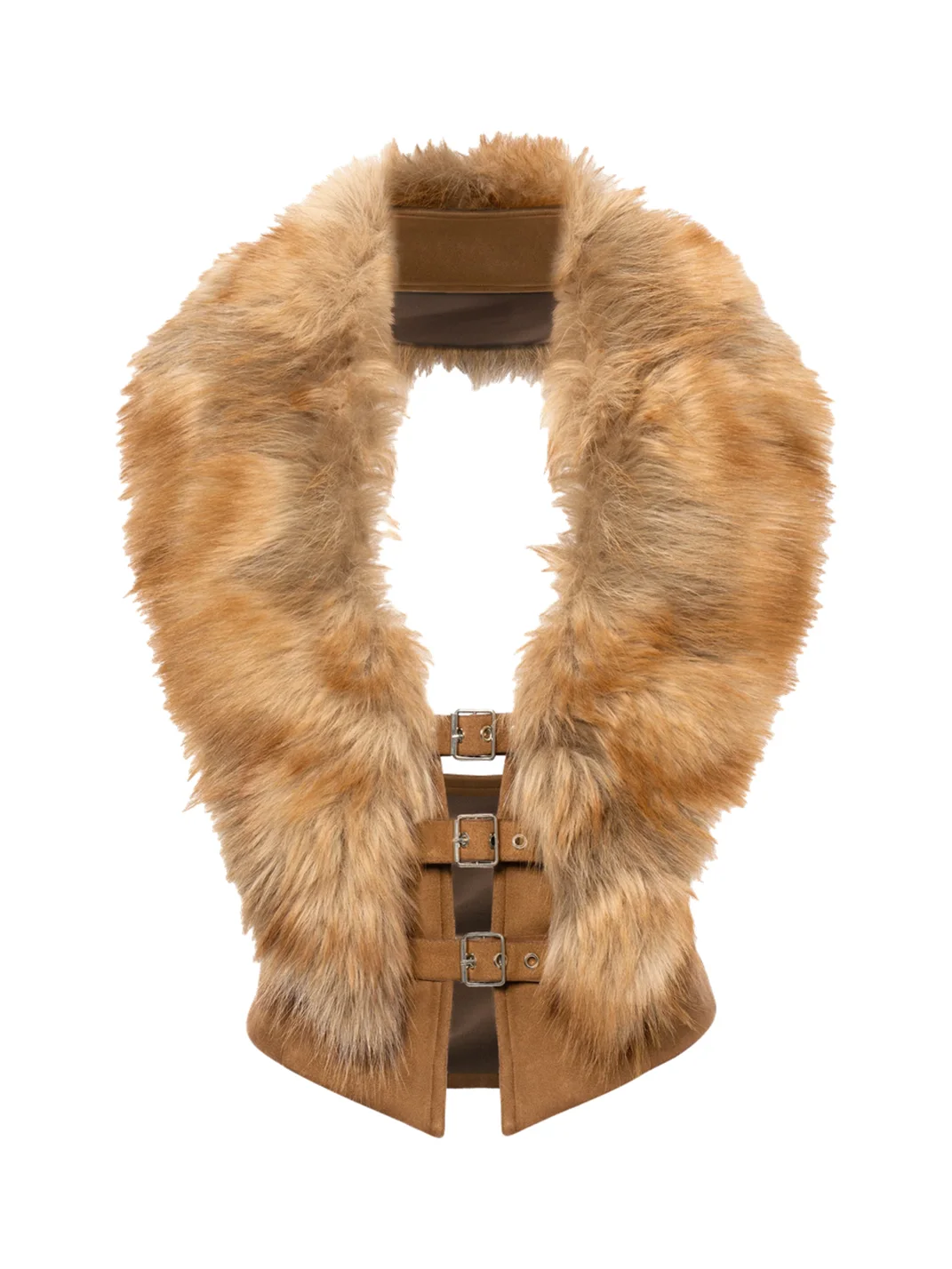 JYOSEI | Faux Suede Open-Back Faux Fox Fur Collar Vest