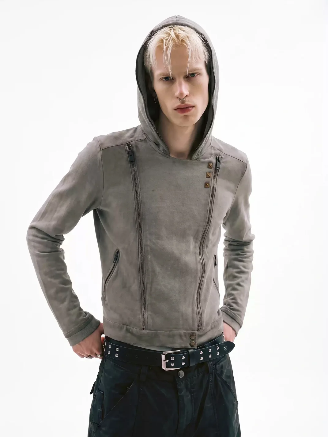 NASTYHUB | Washed Distressed Slim-Fit Biker Zip Hoodie