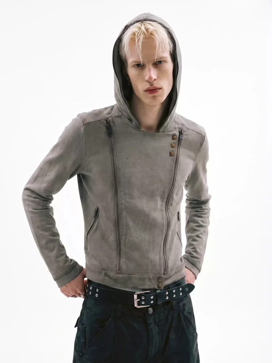 NASTYHUB | Washed Distressed Slim-Fit Biker Zip Hoodie - 2
