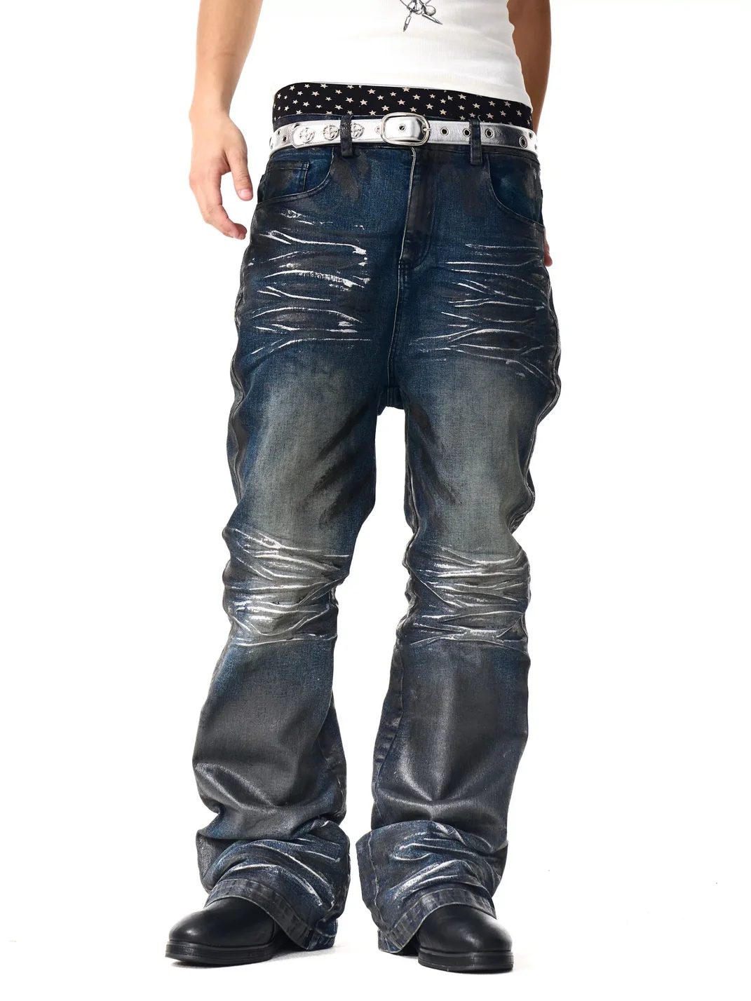 Fourth3ex | Distressed Waxed Slightly Flared Jeans