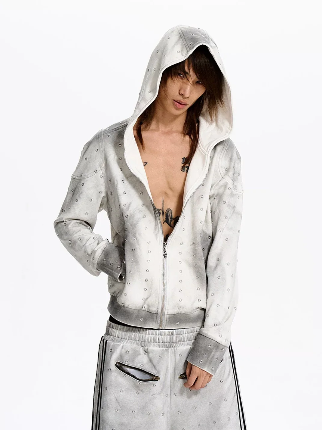 Fourth3ex | Distressed Eyelet Leopard Print Zip-Up Hoodie