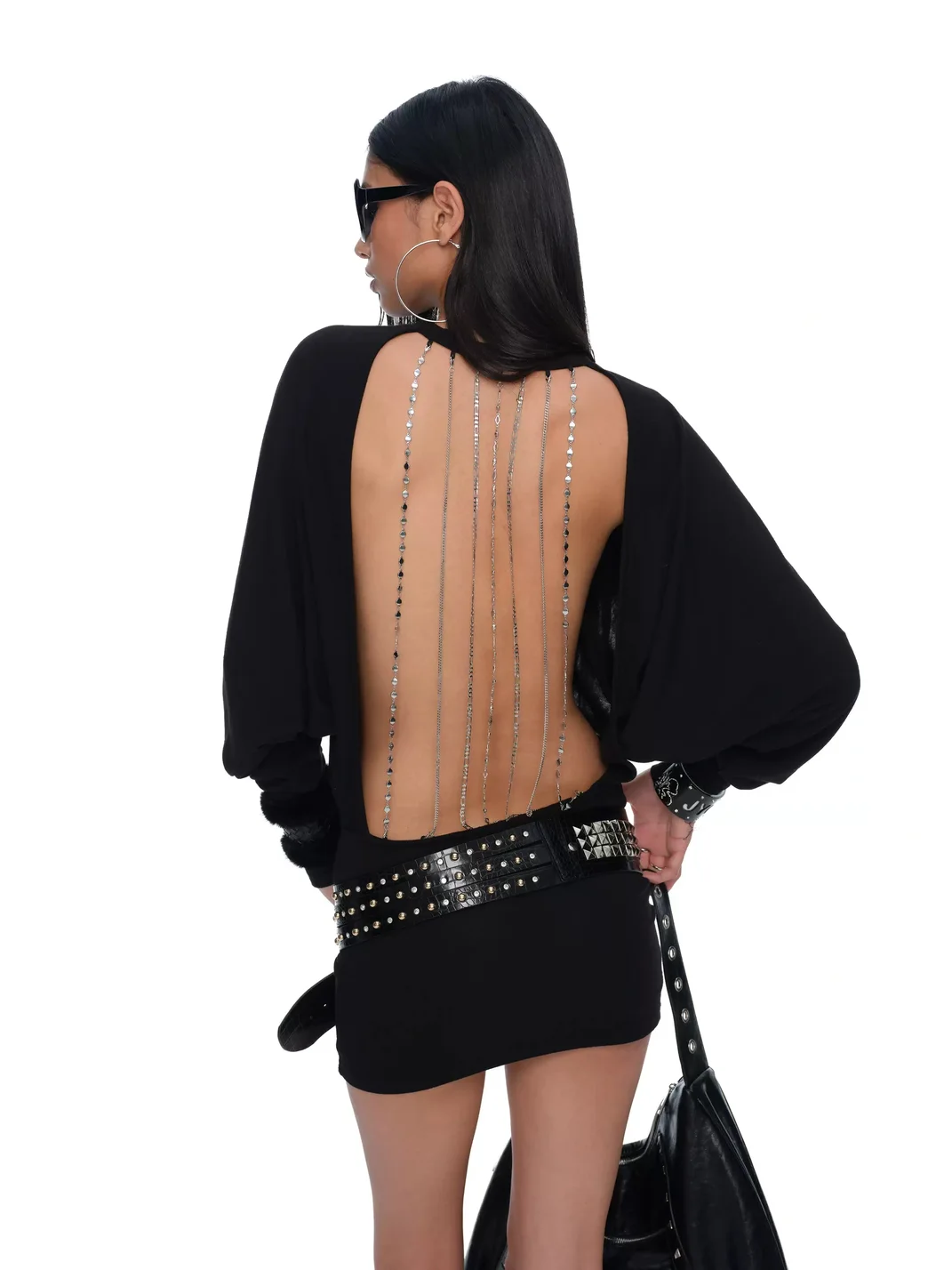 JYOSEI | Black Open-Back Chain Rhinestone Round-Neck Dress