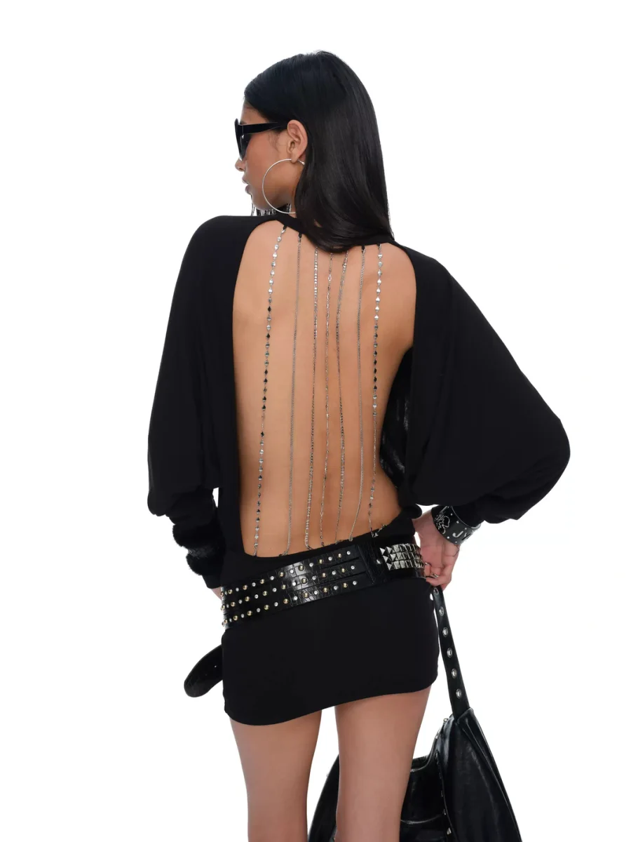 JYOSEI | Black Open-Back Chain Rhinestone Round-Neck Dress - 3