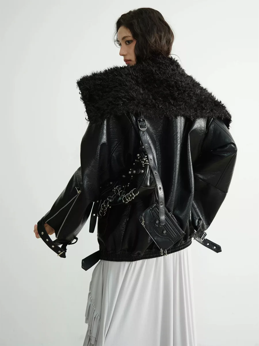 Jnylon studios | Oversized Mid-Length PU Jacket With Large Lapels - 4