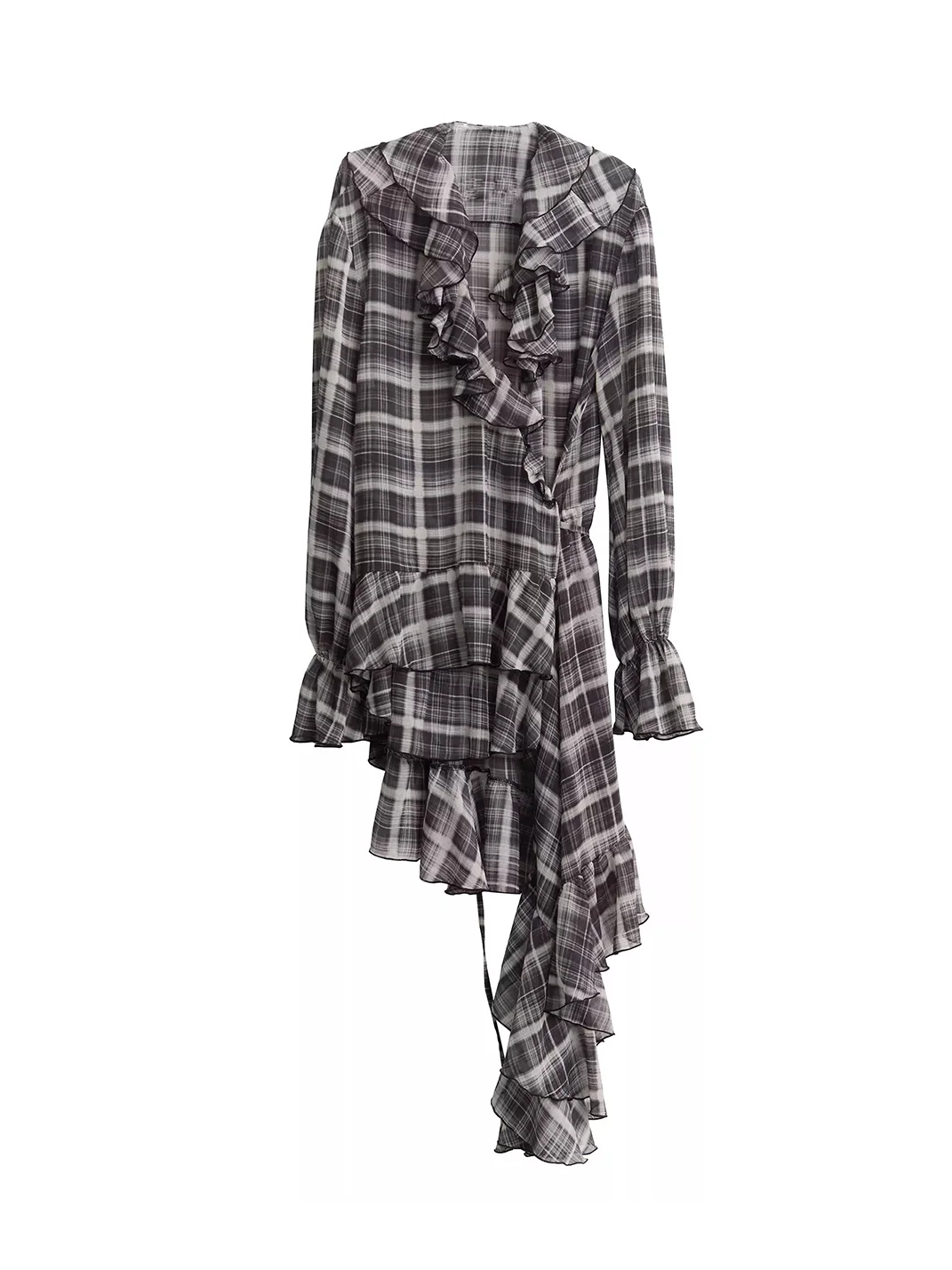 Jnylon studios | Relaxed Ruffled Asymmetric Plaid Chiffon Shirt Dress