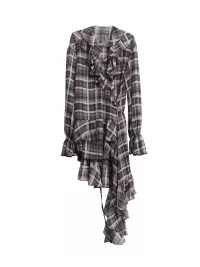 Jnylon studios | Relaxed Ruffled Asymmetric Plaid Chiffon Shirt Dress