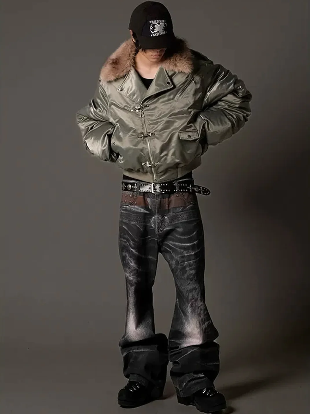NASTYHUB | Cropped Wide-Fit Bomber Jacket With Detachable Plush Collar