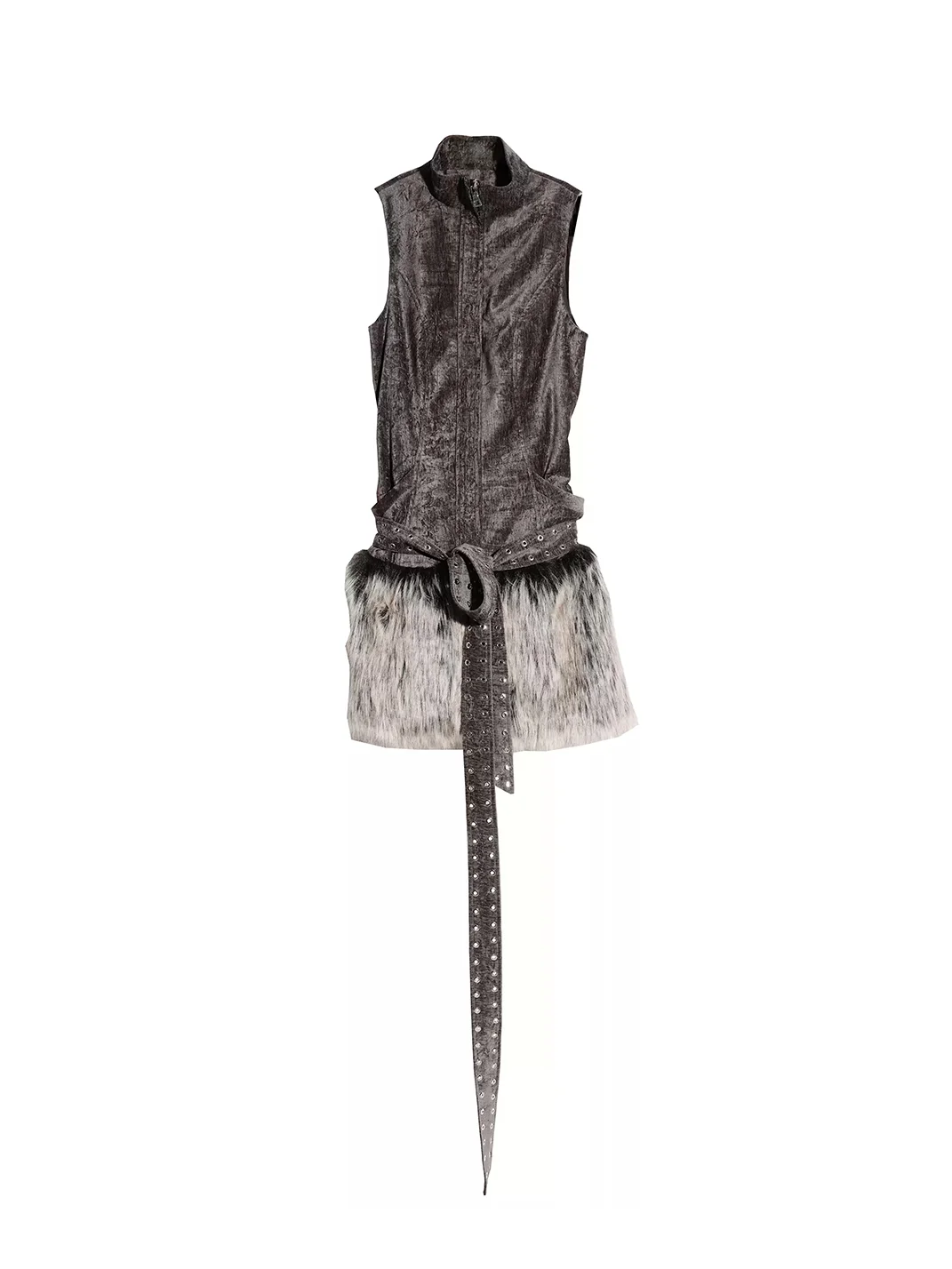 Jnylon studios | High-Neck Belted Faux-Fur Panel Sleeveless Mini Dress