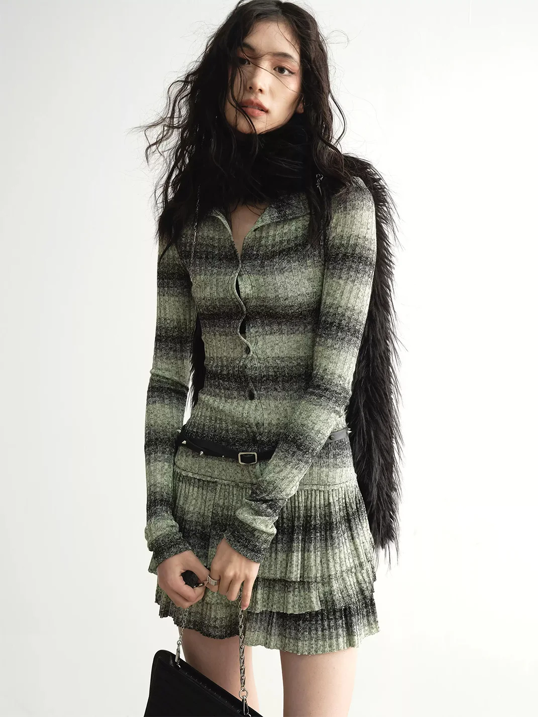 Jnylon studios | Faux Two-Piece Striped Ruffle Knit Mini Dress