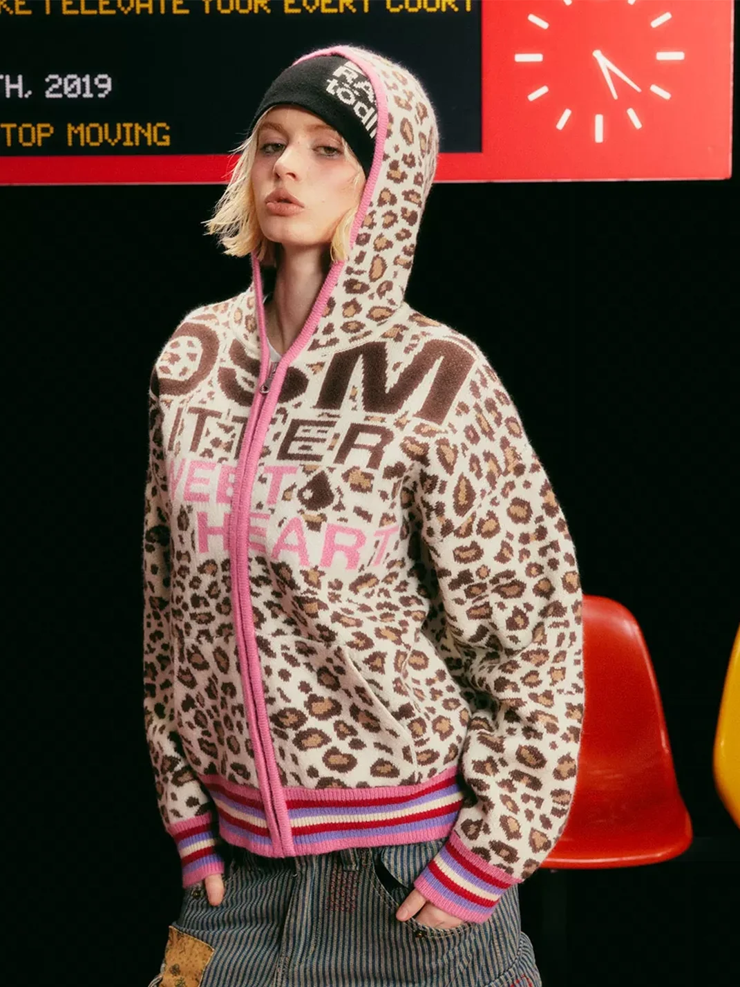 DONSMOKE | Relaxed Leopard Print Contrast Trim Hooded Knit Cardigan