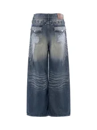 JYOSEI | Washed Blue Embroidered Loose Wide-Leg Jeans