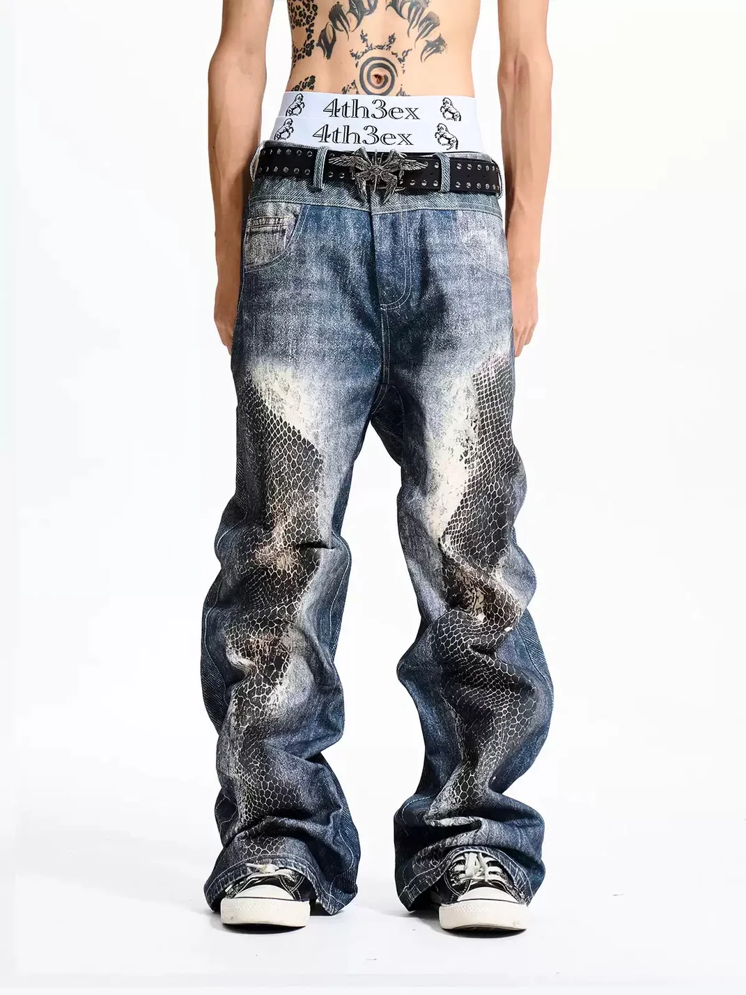 Fourth3ex | Washed Snakeskin Print Floor-Length Jeans