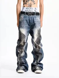 Fourth3ex | Washed Snakeskin Print Floor-Length Jeans
