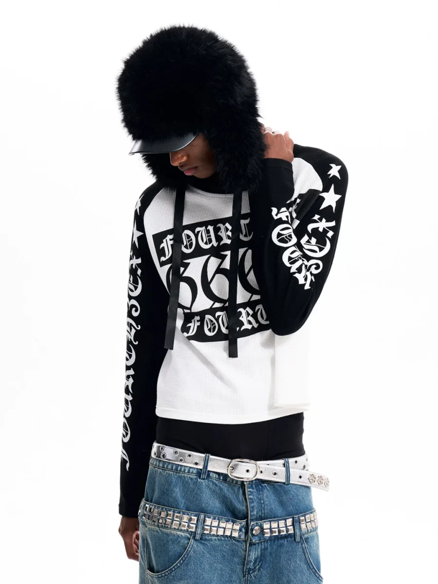 Fourth3ex | Letter Print Waffle Colorblock Long Sleeve T-Shirt - 4