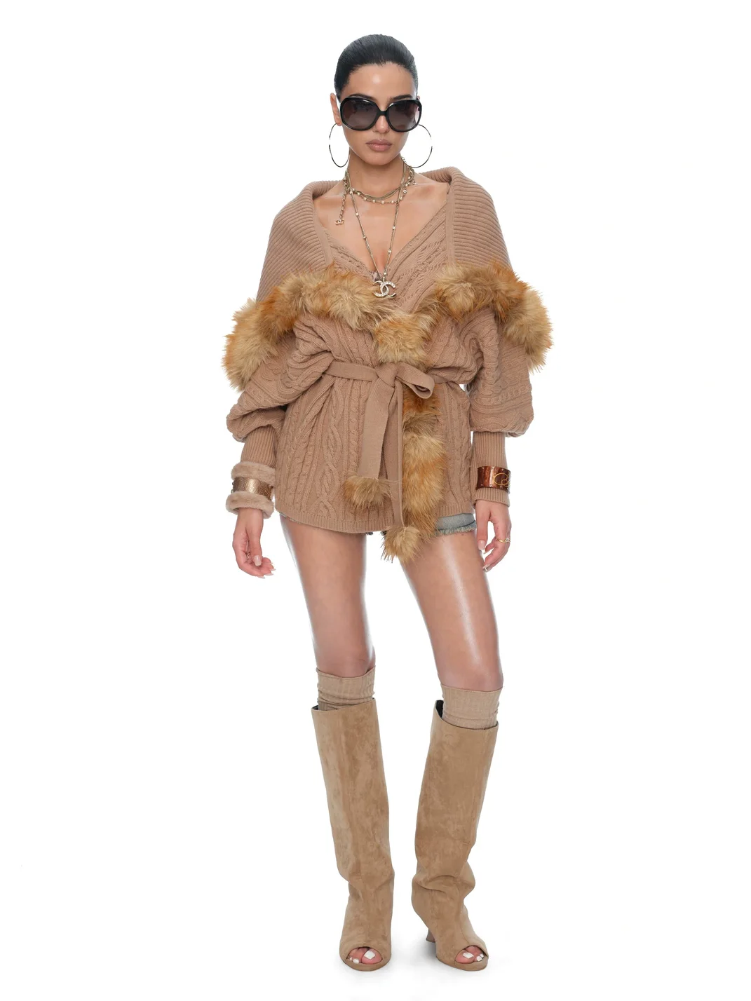 JYOSEI | Loose Belted Batwing Faux Fur Trim Knit Cardigan
