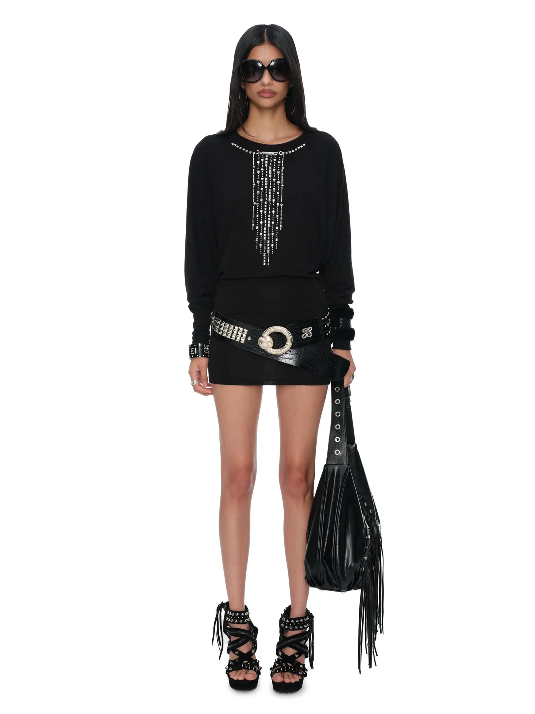 JYOSEI | Black Open-Back Chain Rhinestone Round-Neck Dress