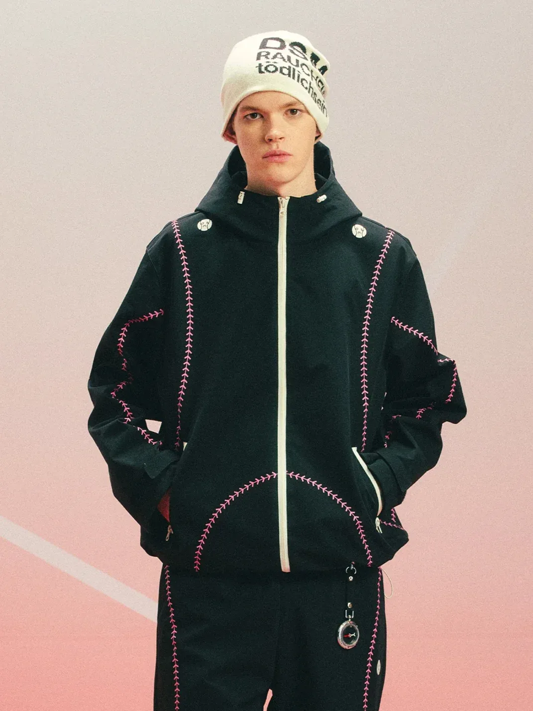 DONSMOKE | Contrast Stitch Hooded Asymmetric Zip Shell Jacket