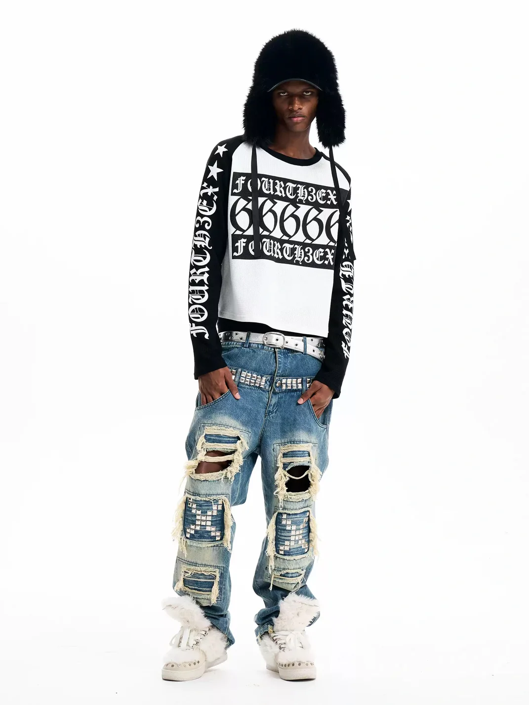 Fourth3ex | Letter Print Waffle Colorblock Long Sleeve T-Shirt