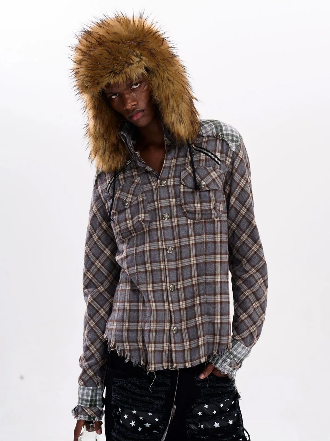 Fourth3ex | Distressed Patchwork Plaid Long Sleeve Shirt Jacket