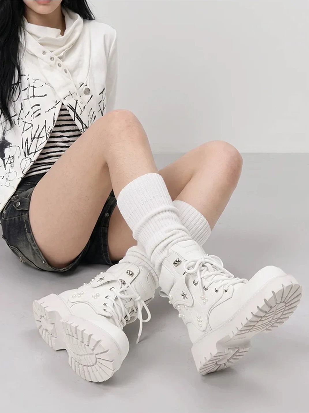 Mule Donkey | White Lace-Up Platform Work Boots