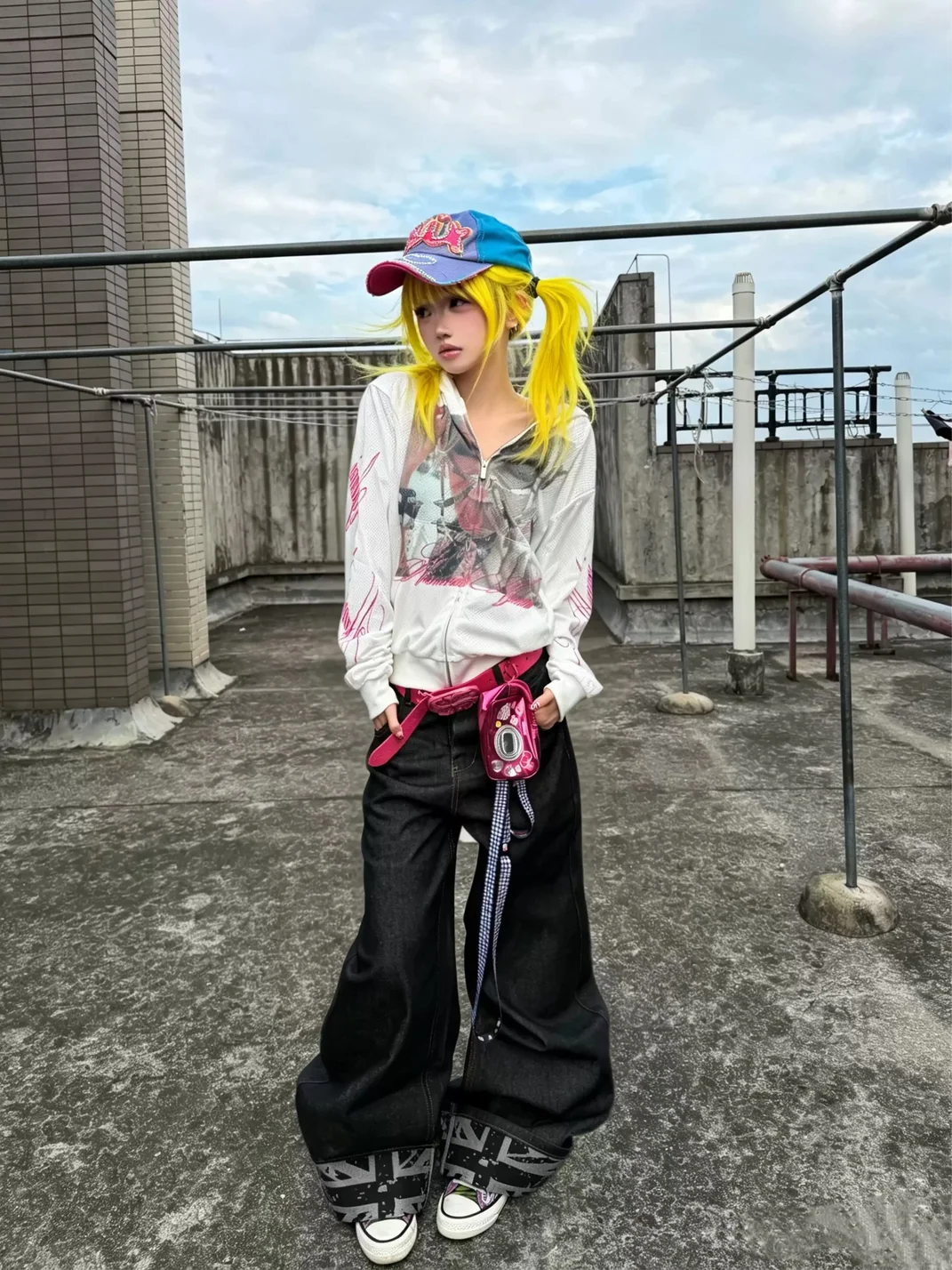 NASTYHUB | Loose Double-Layer Mesh Graphic Zip-Up Hoodie