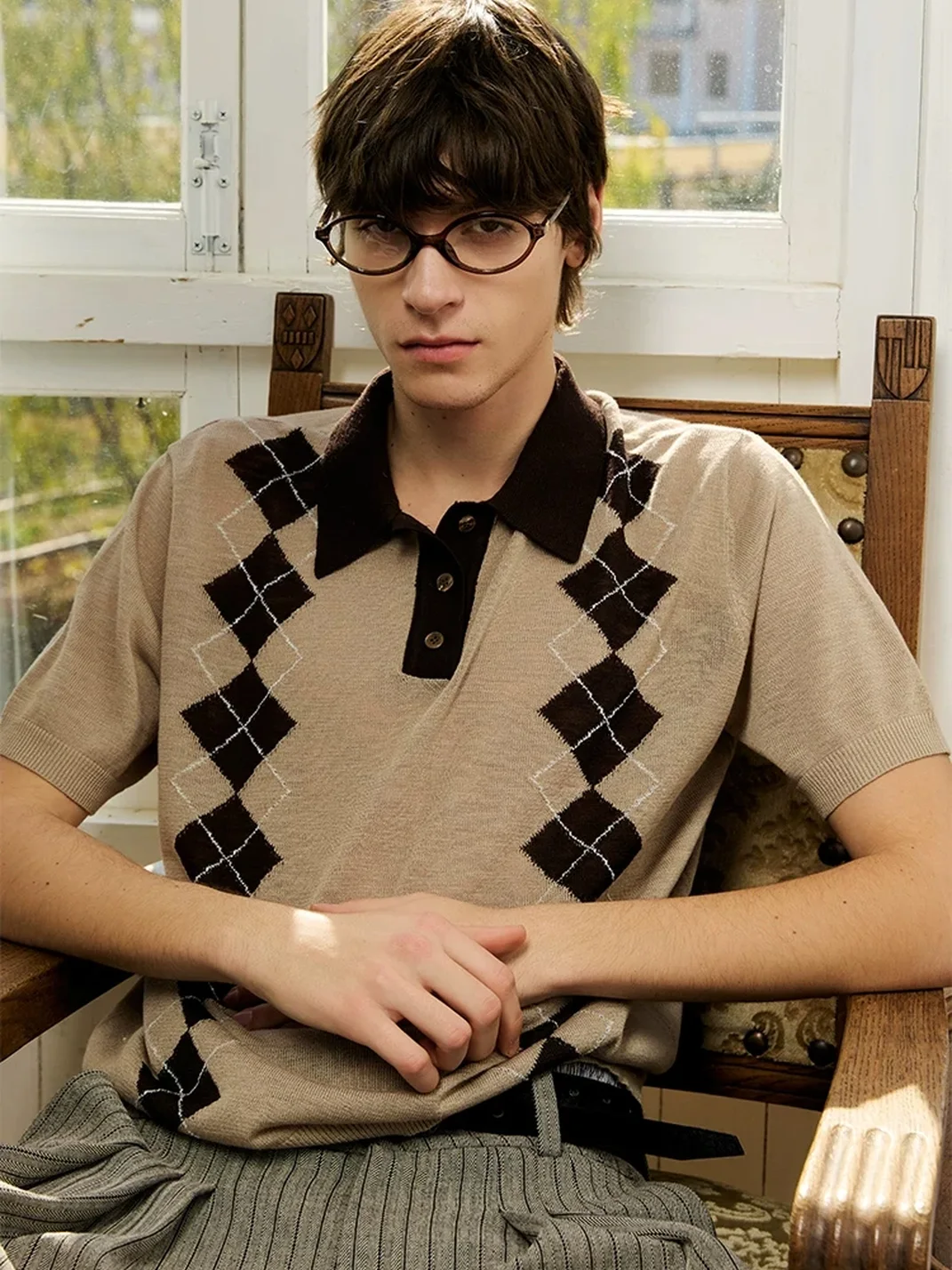 KREATE | Boxy Diamond Pattern Knit Polo Shirt