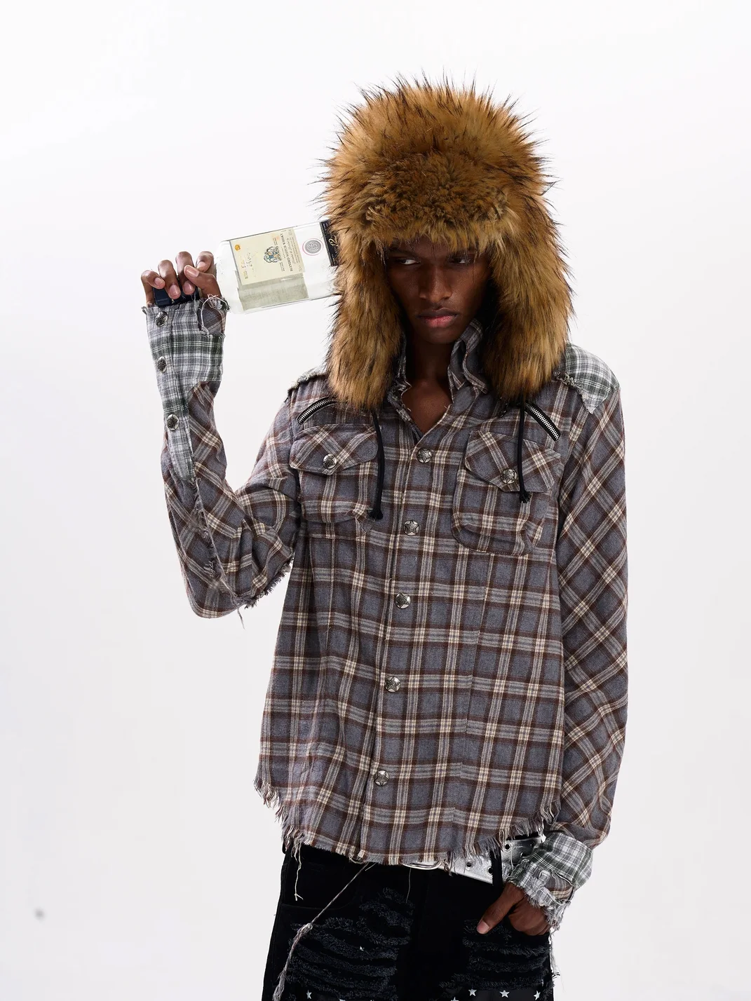 Fourth3ex | Distressed Patchwork Plaid Long Sleeve Shirt Jacket