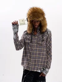 Fourth3ex | Distressed Patchwork Plaid Long Sleeve Shirt Jacket