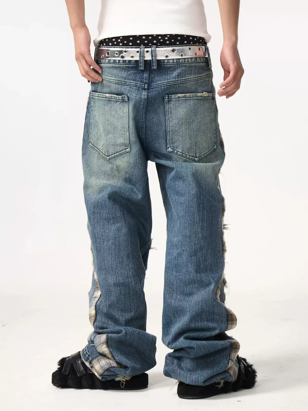 Fourth3ex | Plaid Patchwork Distressed Straight-Leg Jeans