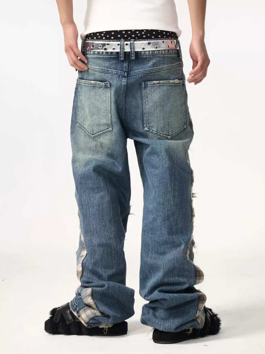 Fourth3ex | Plaid Patchwork Distressed Straight-Leg Jeans - 4