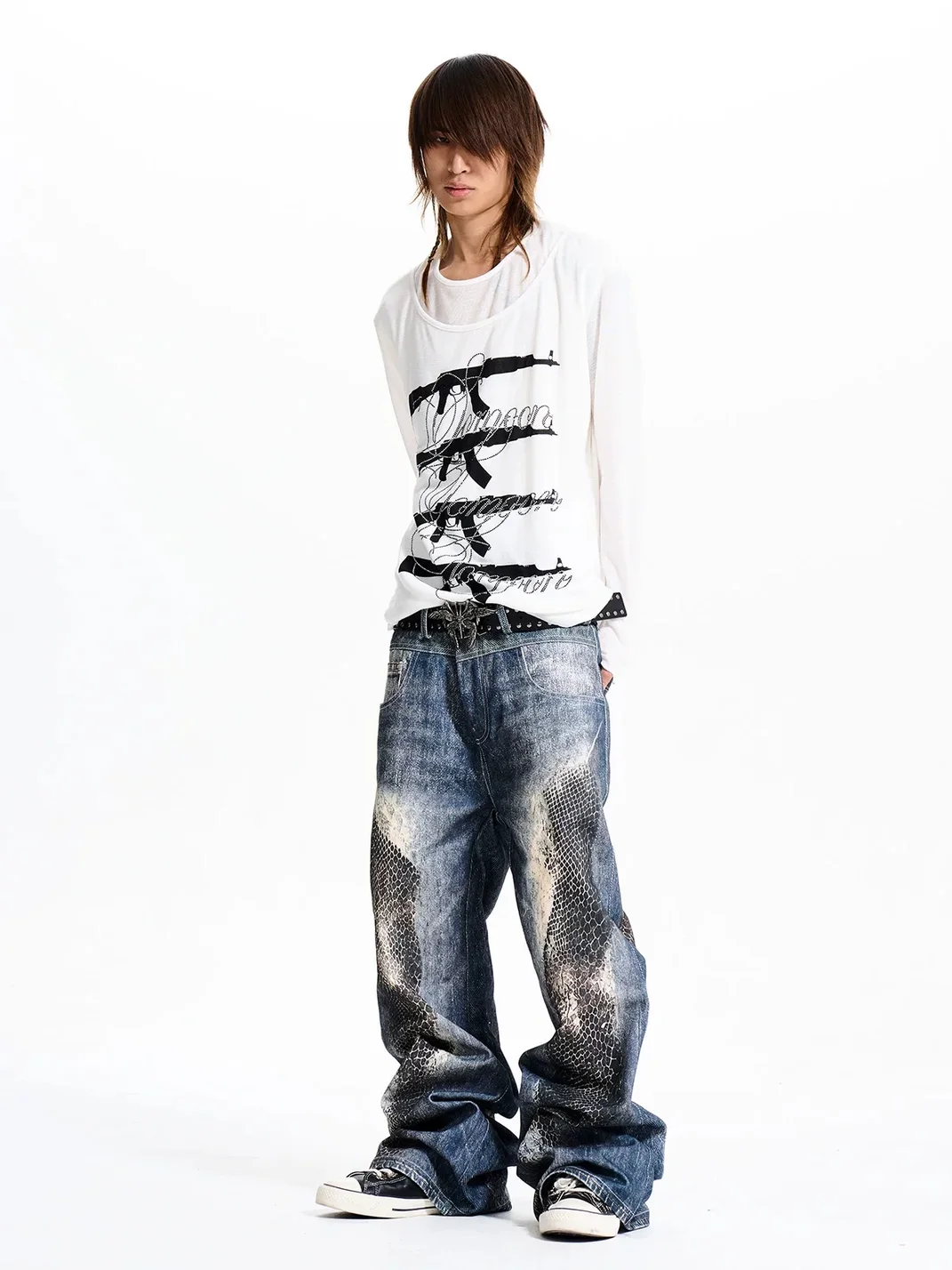 Fourth3ex | Washed Snakeskin Print Floor-Length Jeans