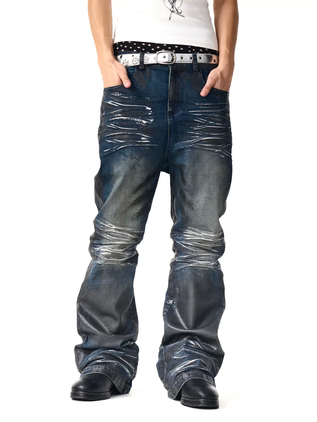 Fourth3ex | Distressed Waxed Slightly Flared Jeans