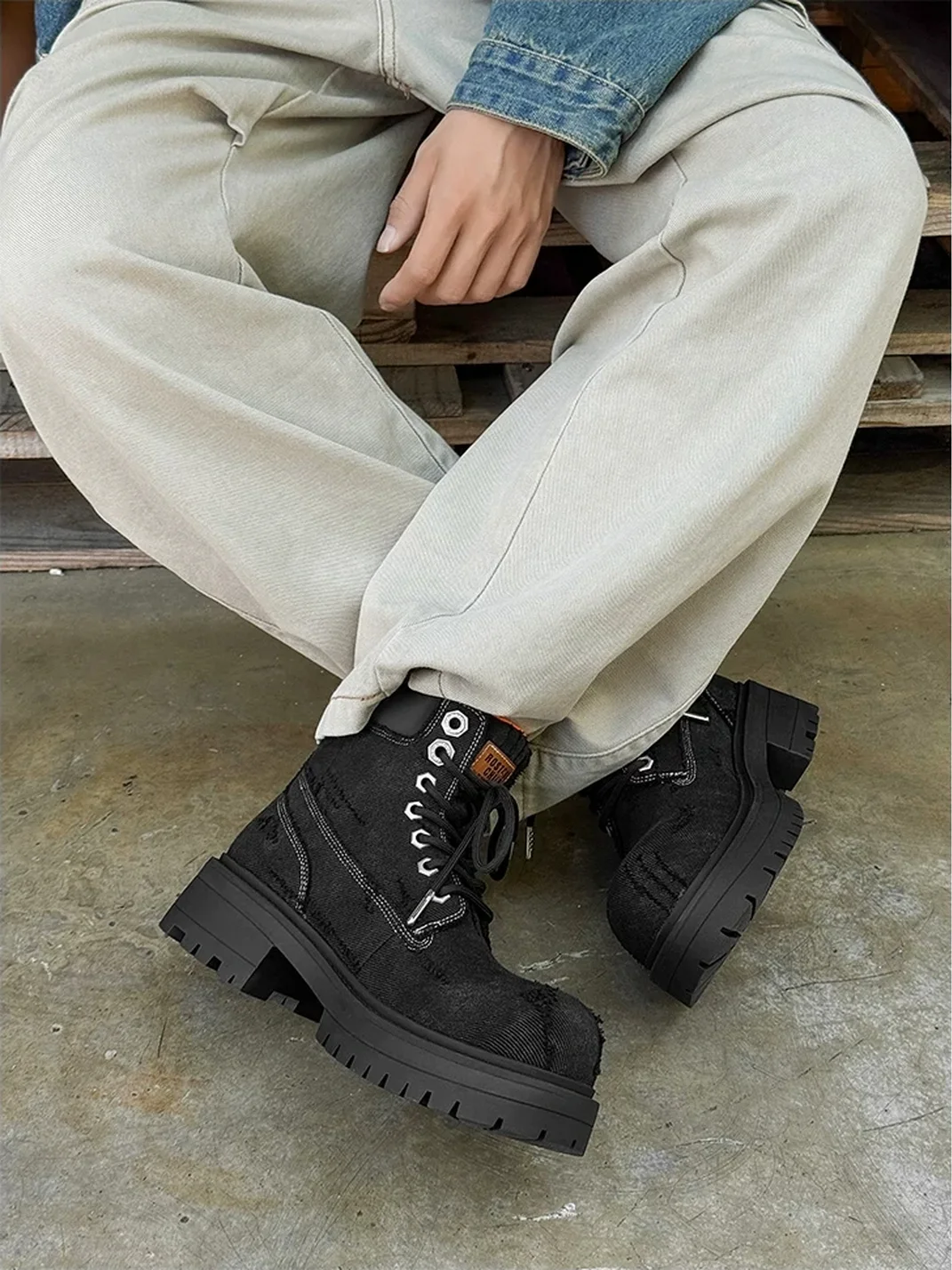 FGMM | Distressed Denim Platform Work Boots