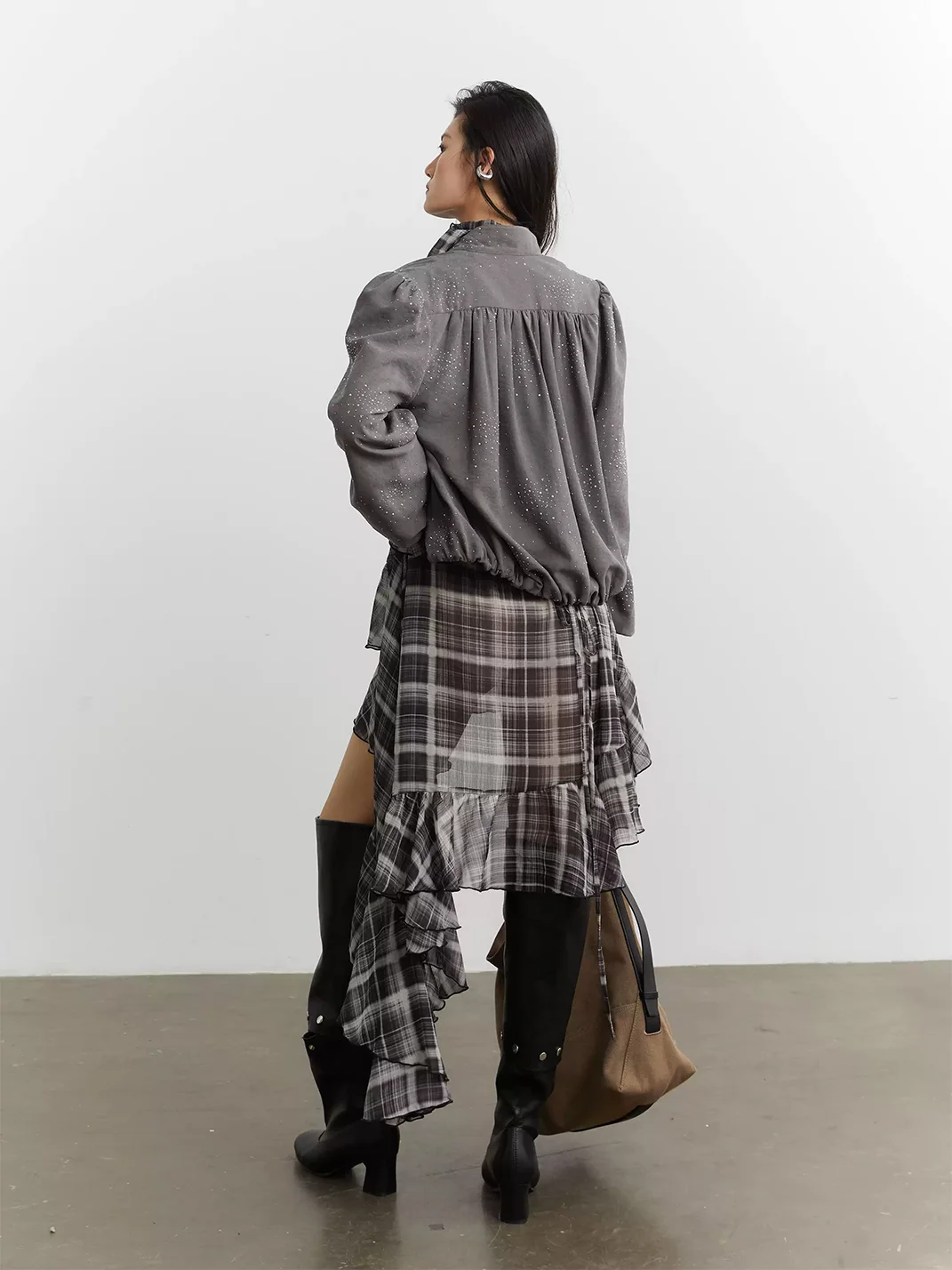 Jnylon studios | Relaxed Ruffled Asymmetric Plaid Chiffon Shirt Dress