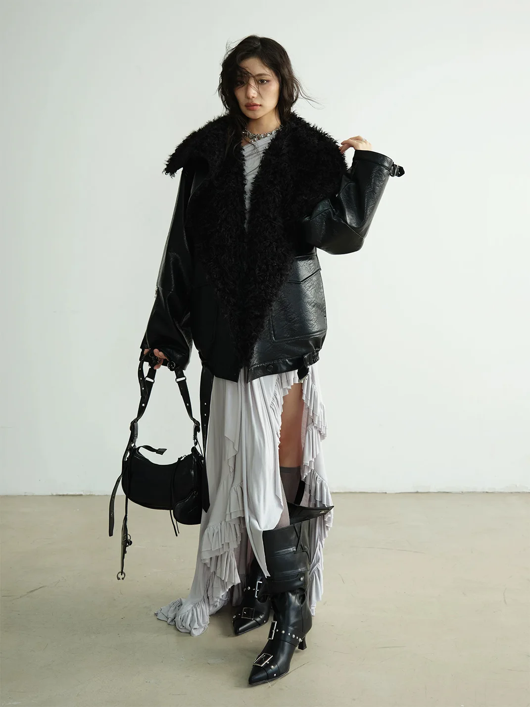 Jnylon studios | Oversized Mid-Length PU Jacket With Large Lapels