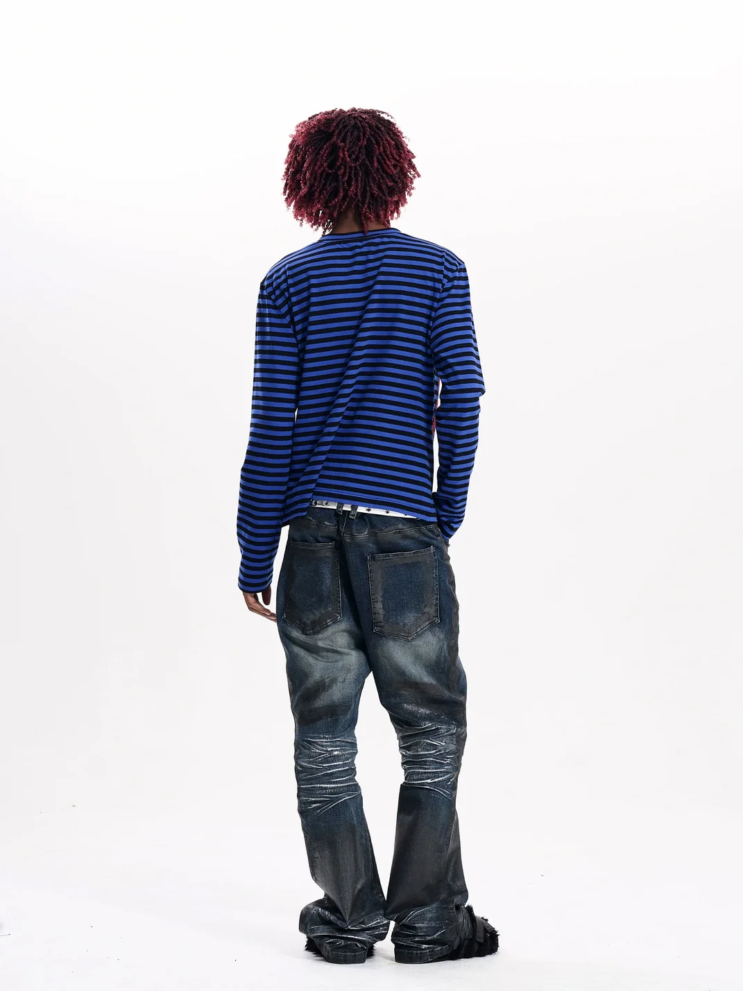 Fourth3ex | Striped V-Neck Long-Sleeve Rhinestone Skull T-Shirt