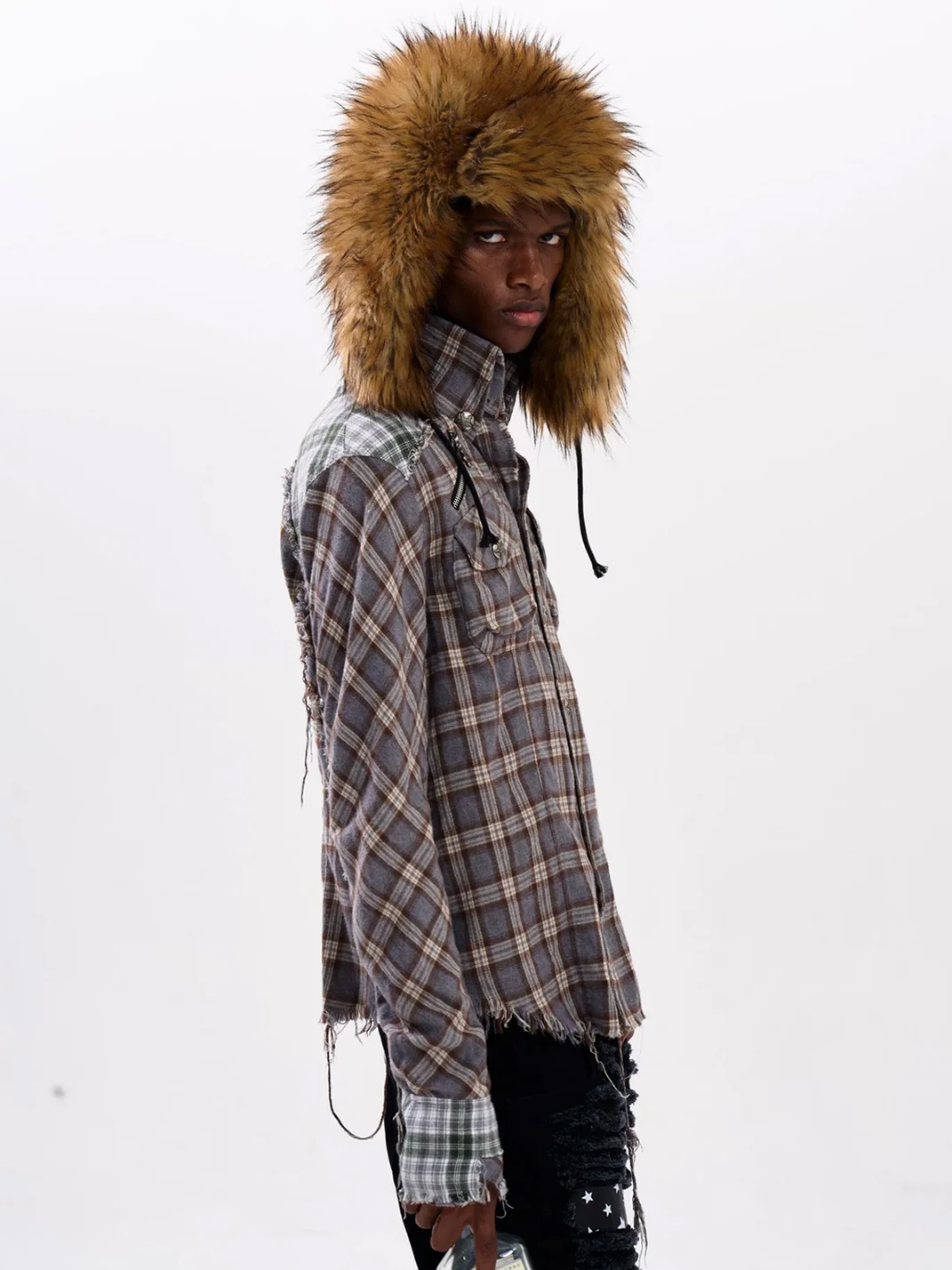 Fourth3ex | Distressed Patchwork Plaid Long Sleeve Shirt Jacket
