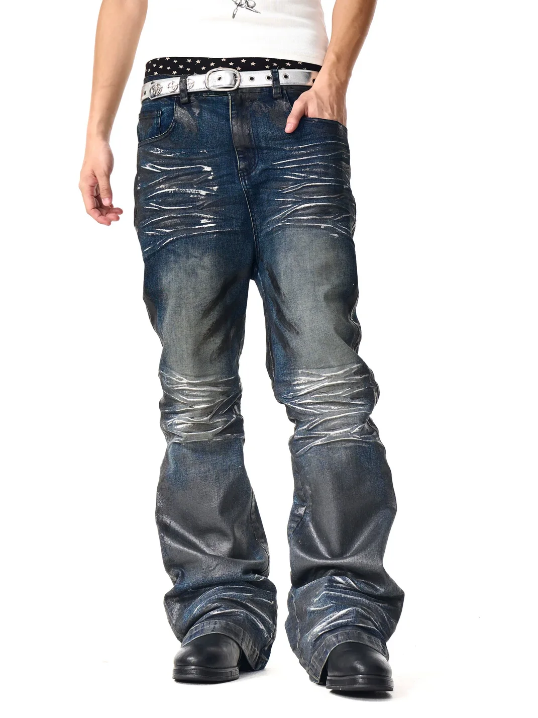 Fourth3ex | Distressed Waxed Slightly Flared Jeans
