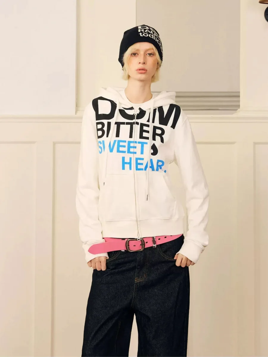 DONSMOKE | Set-In Shoulder Letter Print Zip-Up Hoodie - 2