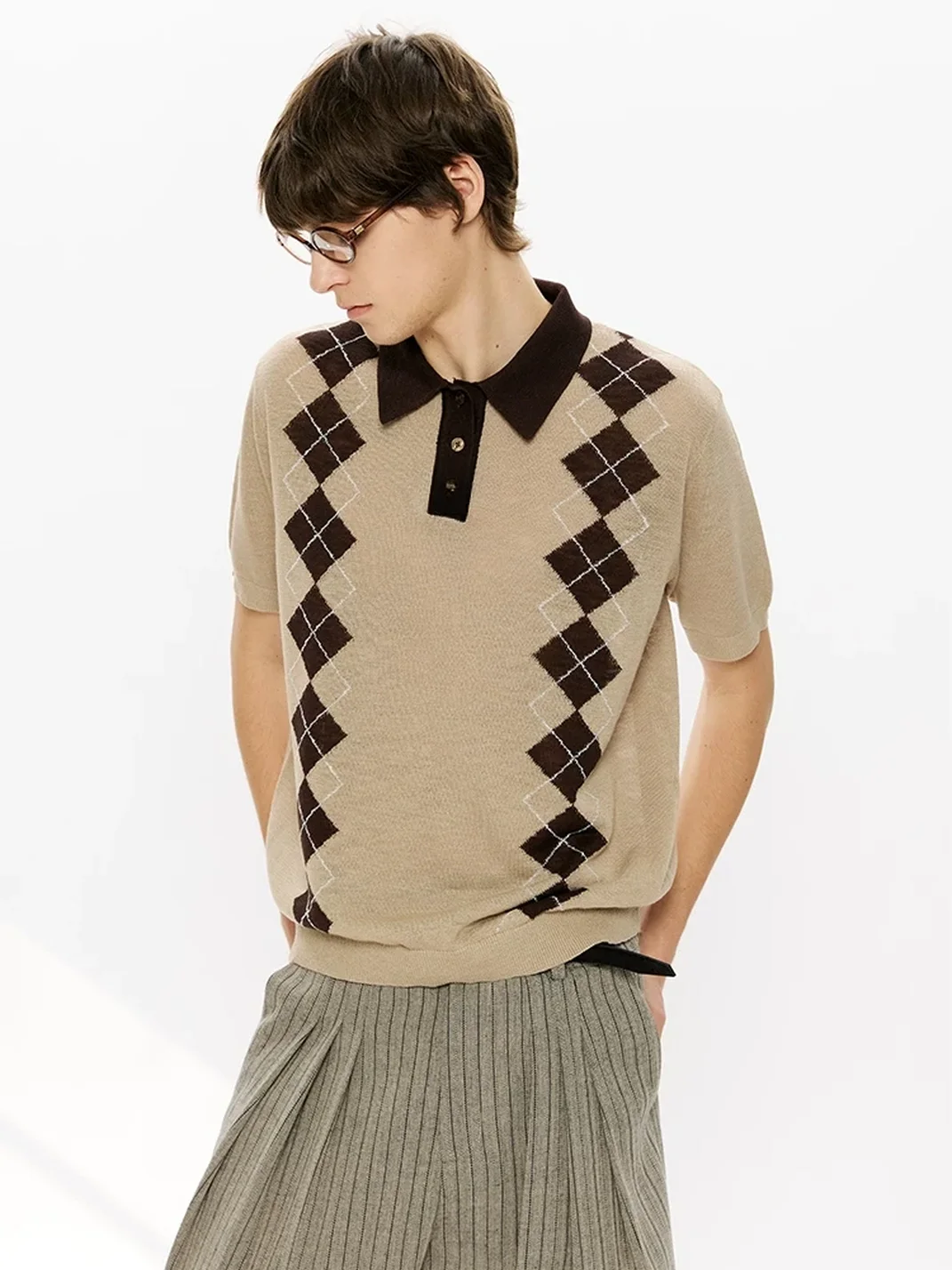 KREATE | Boxy Diamond Pattern Knit Polo Shirt