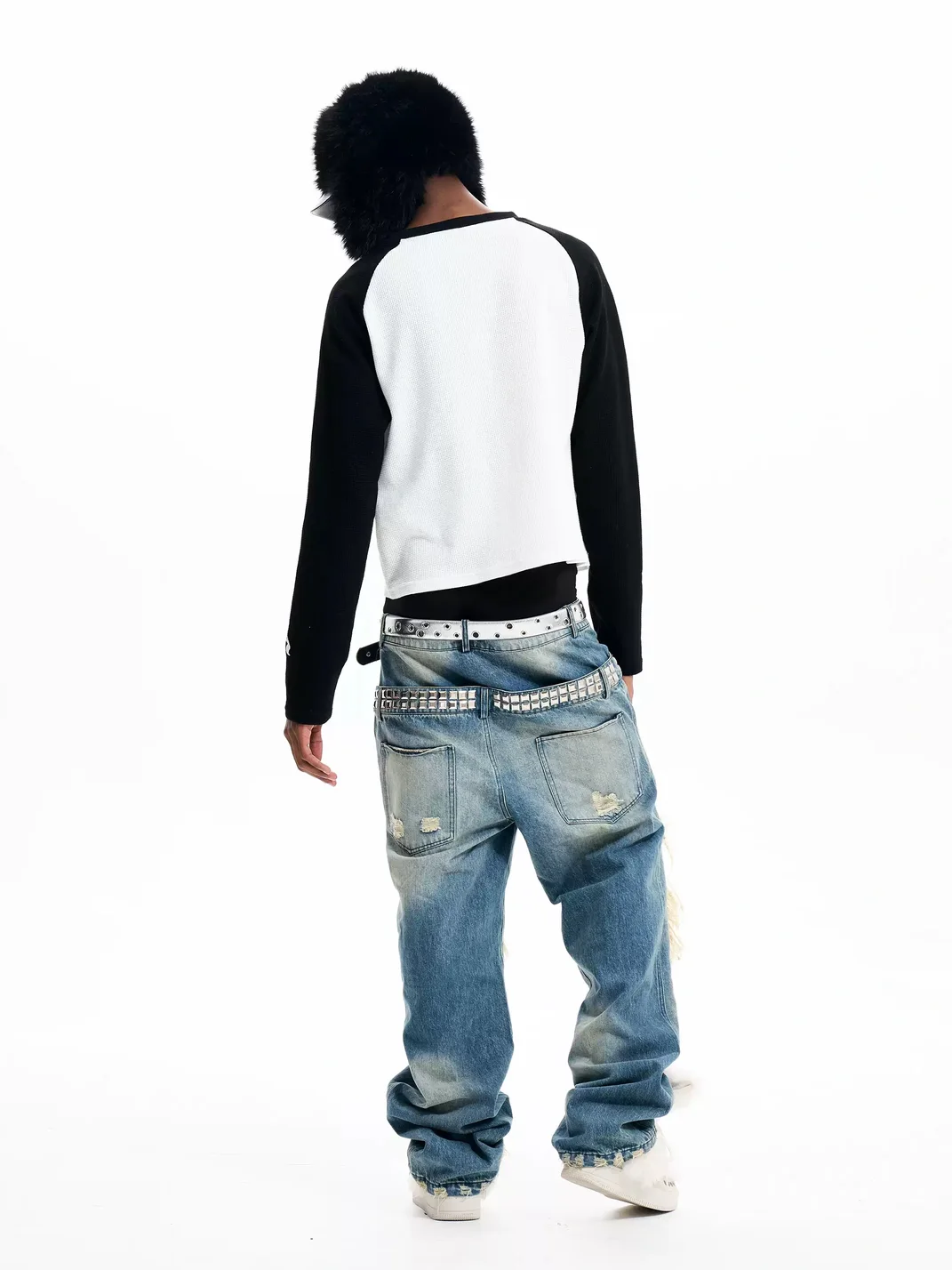 Fourth3ex | Letter Print Waffle Colorblock Long Sleeve T-Shirt
