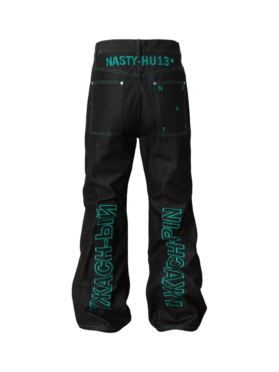 NASTYHUB | Star And Slogan Embroidered Raw Denim Flared Jeans
