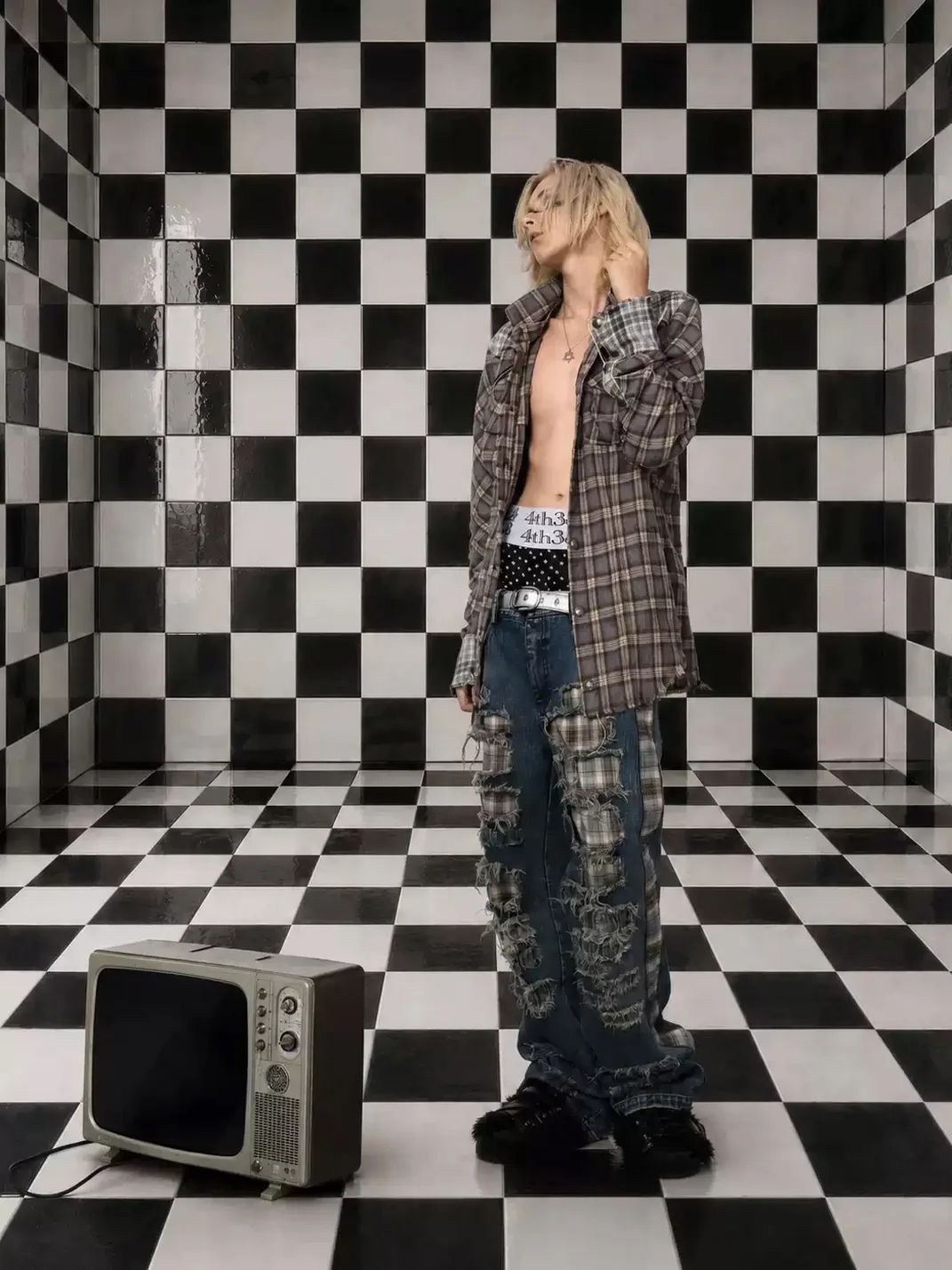 Fourth3ex | Plaid Patchwork Distressed Straight-Leg Jeans