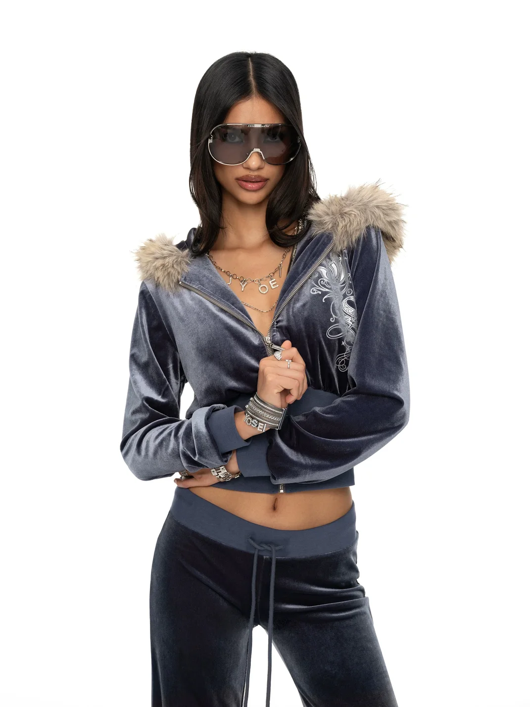 JYOSEI | Printed Velvet Hooded Top And Loose Pants Set