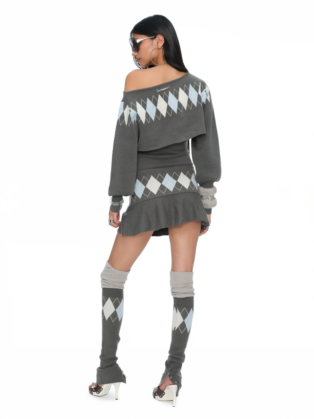 JYOSEI | Gray Argyle Knit Top And Pleated Skirt Set