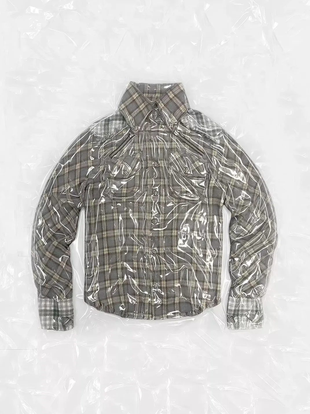 Fourth3ex | Distressed Patchwork Plaid Long Sleeve Shirt Jacket