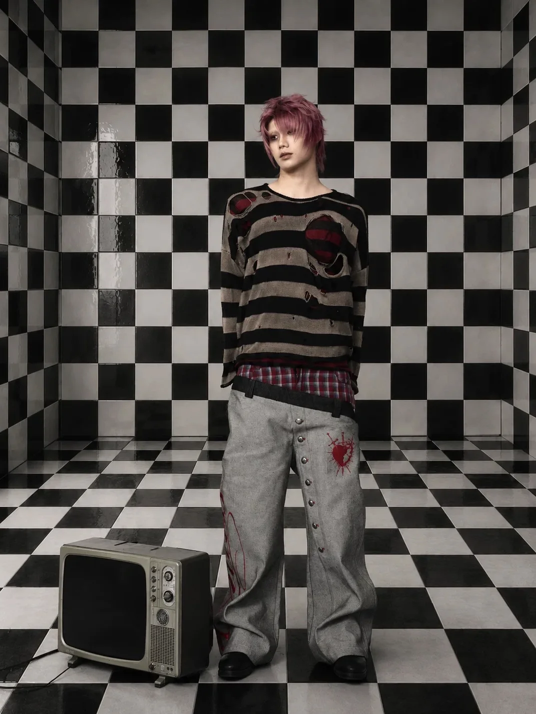Fourth3ex | Plaid Patchwork Double Waistband Wide-Leg Jeans